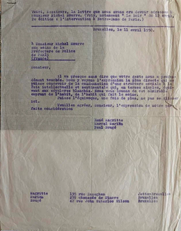 MAGRITTE (René). MARIEN (Marcel). NOUGE (Paul). MOURRE (Michel). — Lettre tapustrite de soutien à Michel MOURRE, copie adressée à Louis Scutenaire. (Réf. 26046)